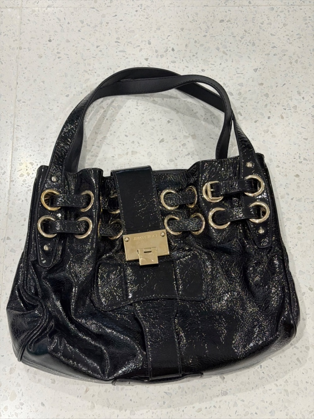 Jimmy Choo Ramona Black Crinkled Patent Leather Tote Bag Gold Ring Hardware